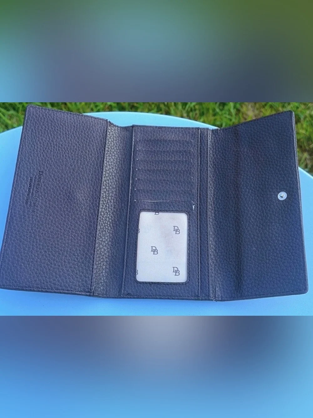 Dooney & Bourke Monogram Canvas Checkbook Wallet Brown Blue Leather Organizer